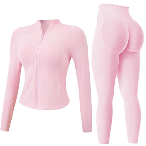 JN JANPRINT Conjunto de gimnasio de 2 piezas para mujer, chándal, conjunto deportivo, traje de yoga, manga larga, ropa deportiva con cremallera superior, leggings de entrenamiento, ropa de fitness