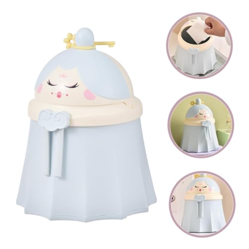 Image of Desktop Wastebasket Cute Chinese Doll Shaped Trash Can with Lid Plastic Garbage Bin for Bathroom Kitchen Home Office Sky-blue