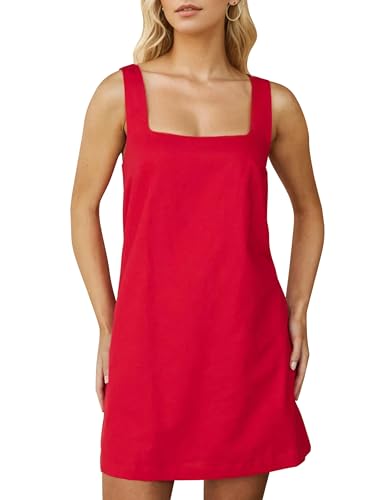 Image of Burtell Summer Sleeveless Cotton Linen Mini Dresses for Women Casual Square Neck Backless Short Dress Solid Tank Shift Dress