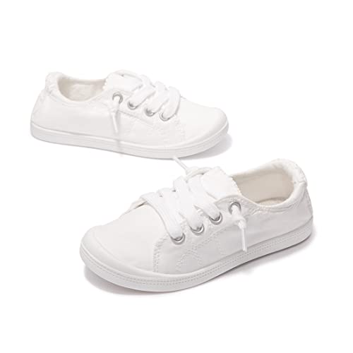 Boy And Girl Slip On Canvas Sneaker, Kids Low Top Casual Fashion Shoes, Comfy Lace Up Walking Shoes (3, White, 3) #TOP6