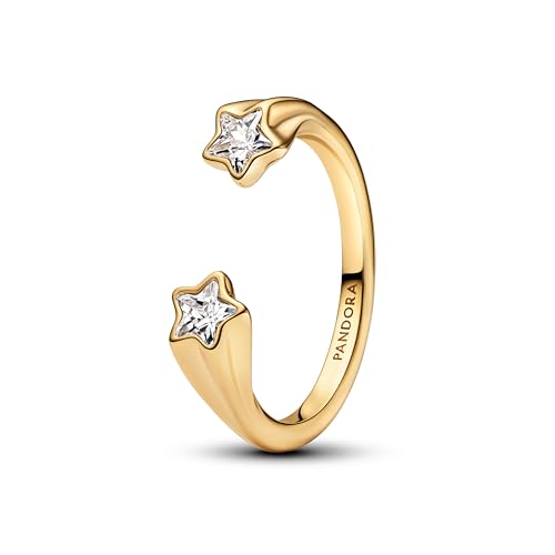 PANDORA Moments 163582C01-54 - Anello aperto a forma di stella cadente in argento sterling con lega di metallo placcato oro e zirconi, misura 54, Argento sterling, Zirconia cubica