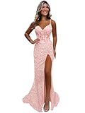 Monvelli Women's Sparkly Sequin Prom Dresses for Teens 2025 Long Blush Pink Mermaid Appliques Formal Party Gowns with Slit US Size 0