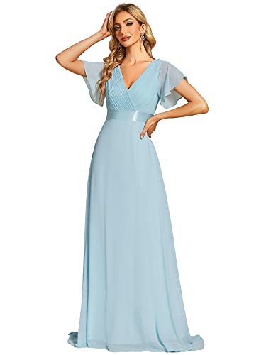 Ever-Pretty Robe De Soirée Style Long Manches Volantées Col en V Jupe Trapèze Robe Femme Chic Et Elegant Bleu Ciel 44
