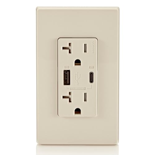 Image of Leviton T5834-T 60W (20V@2.5A+ 5V@2A) USB Dual Type A /Type-C Power Delivery in-Wall Charger with 20A Tamper-Resistant Outlet, USB Charger for Smartphones, Tablets, Laptops, Light Almond