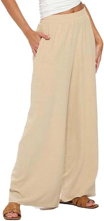 Women Wide Leg Linen Palazzo Pants Regular Waist Boho Flowy Pants with Pocket Travel Trousers - Made in USA - Image 3