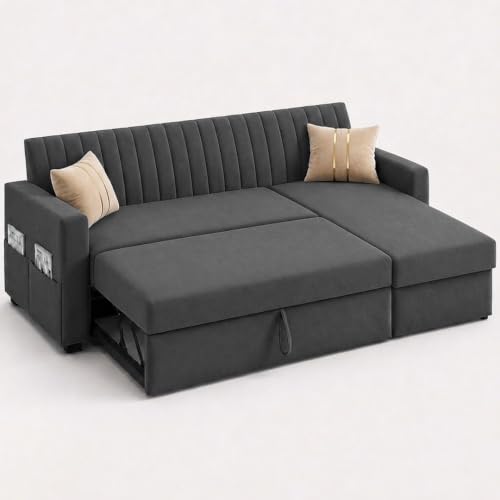 Image of CASASTYLE Kyagar 4 Seater RHS L Shape Sofa with Pull Out Bed & Storage Lounger | Premium Soft Velvet Suede Fabric | Comfort Cushions | Ideal for Living Room, Hotel & Office (Dark Grey)