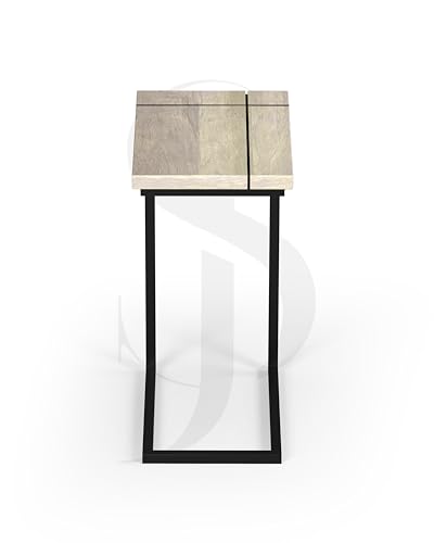 Image of Modern C-Side End Table for Living Room - Mango Wood with Black Metal Frame, Contemporary Sofa Side Table for Bedroom & Office (18L x 11D x 24H Inches) (Distressed White)