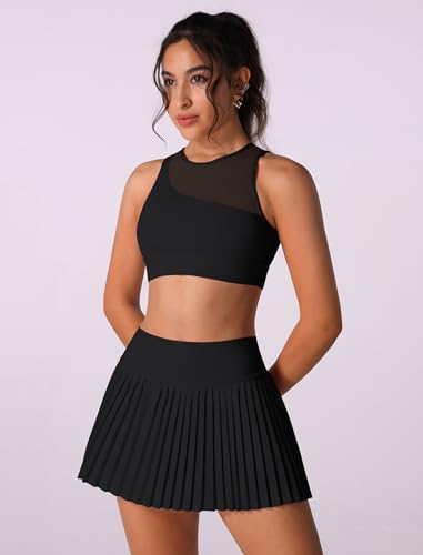 Two Piece Tennis Skirt Sets Outfits Single Shoulder Strap Tulle mesh top with High Waisted Pleated Skirt Sets3
