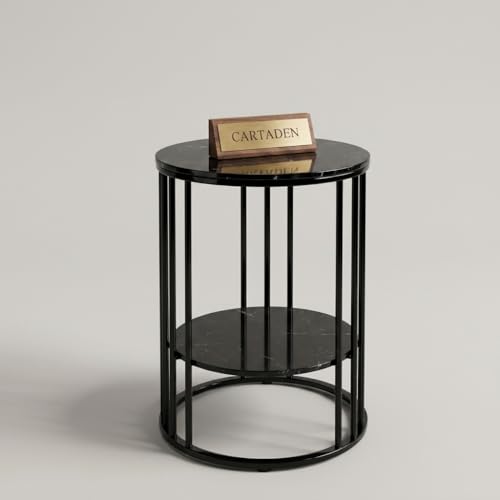 Image of CARTADEN Side Table, Small Round End Table with Lower Shelf, Nightstand for Small Spaces, Bedside Coffee Table for Living Room, Bedroom Full Black