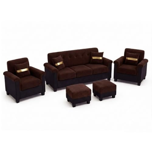 Image of FURNY Woodswave 5 Seater Sofa Set with Velvet Fabric, 3+1+1+2 Puffy Sofa Set for Living Room (Brown-Black) | Durable & Comfortable | Ideal for Living Room