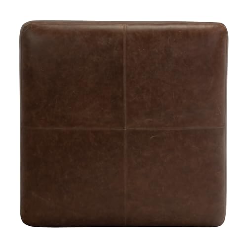 Image of Poly & BARK Sequoia Ottoman - 35 inch Square Pouf with Feather-Down Topper - Full-Grain Leather Upholstered Pouf Ottoman for Living Room - Vintage Italian Leather in Chocolate Brown