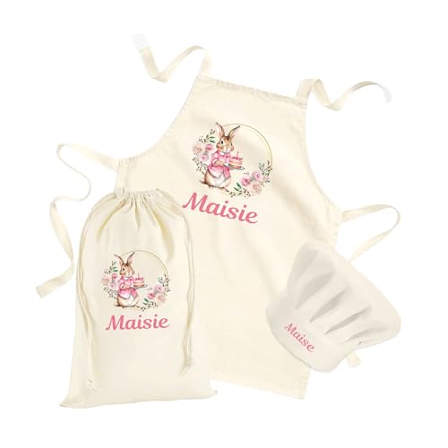Hoolaroo Personalised Kids Aprons For Cooking Childrens Baking Gifts Personalised Apron Kids Cooking Utensils Set Wooden (Pink Bunny) - Image 3