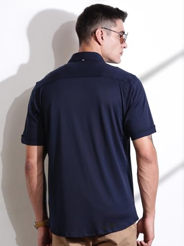 Image of Thomas Scott Men's | Solid | Half Sleeve | Slim Fit | Cotton Blend | Double Flap Pocket | Spread Collar | Casual Shirt