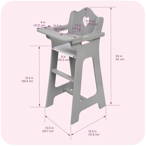 Badger Basket Executive Doll High Chair - Wooden Toy Chair with Liftable Tray, Fabric Seat Trim, and Realistic Design - Fits 18 Inch Dolls and More - Gray and White