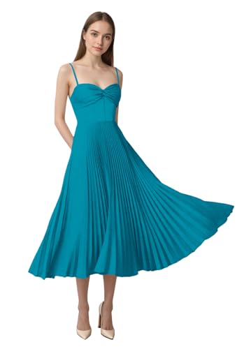 Spaghetti Straps Bridesmaid Dress for Womens Satin Pleated A-Line Midi Prom Dress for Formal Evening Party
