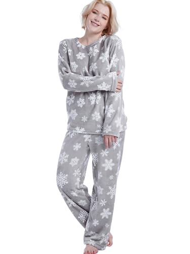 Istylish Womens Fleece Pajama Sets 2 Piece Flannel PJS Sets For Women Ultra-Soft Printed Sleepwear (Light Gray Snowflakes M)