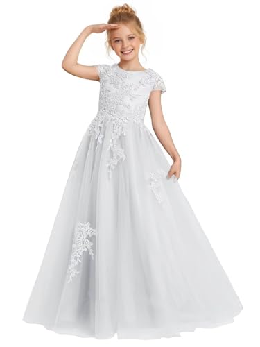 Mlianyi Birthday Party Dress for Girls 4-6Y Tulle Cap Sleeve Lace Appliques First Communion Dress Maxi A-Line White Junior Bridesmaid Vestido para Primera Comunin Nia Size 6