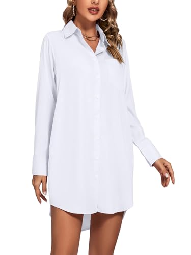 LYANER Women's Collar V Neck Button Down Long Sleeve Cruved Hem Shirt Dresses with Pockets4