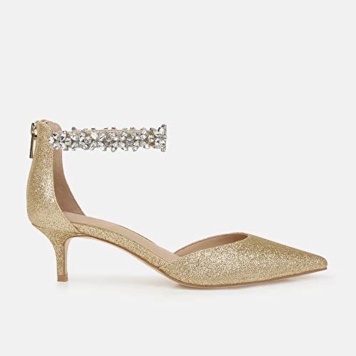Image of Women's Wedding Rhinestones Low Kitten Heels Pumps Pointed Toe Dress Evening Shoes for Women Bridal Bride, Gold, Size 8