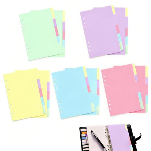 Separadores A5 para carpetas de anillas, 50 hojas de 6 agujeros, 5 colores, para carpetas, planificadores, cuadernos