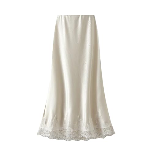 Women's Lace Overlay Satin Skirt, Spring Summer High Waist Maxi Skirt