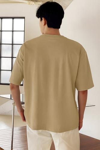 Image of BARKEYO Men's Half Sleeve Round Neck French Terry Graphic Print Oversized Tshirt for Man (Boston-ft) (in, Alpha, L, Regular, Beige)