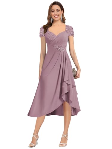 Cap Sleeve Mothe of The Bride Dresses for Wedding Tea Length Sweetheat Chiffon Lace Evening Formal Gown4