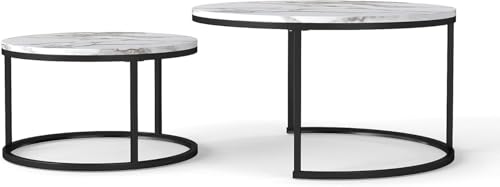 Image of 2-Piece Round Coffee Table Set | Marble Finish MDF Top with Golden Iron Frame | Modern Center & Side Table for Living Room, Bedroom & Small Spaces Black White