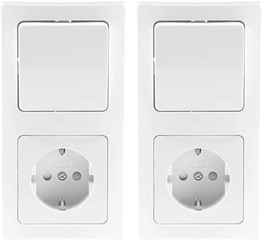 Delphi Steckdose mit Lichtschalter Weiß im Doppelrahmen 230V 2-Fach Kombination Schutzkontakt-Steckdose mit Wechsel-Schalter Rahmen Komfort Klemm Anschluss (Packung mit 2)