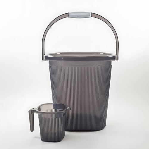 Image of Strong Plastic Bucket Mug Bathroom Set of 2 for Kitchen & Bathroom (25L Bucket,1.5L Mug) (Transparent Grey)