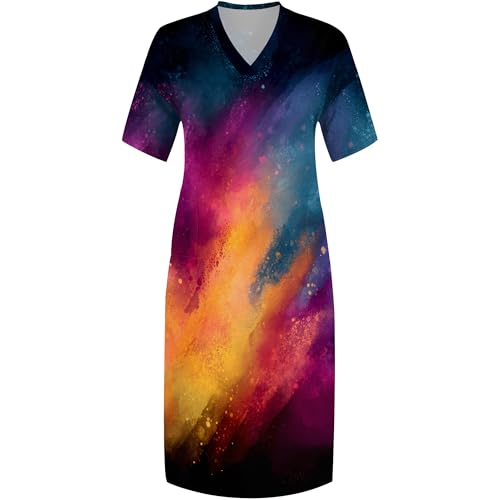 Image of SUZONANA Women Casual T-Shirt Dress V Neck Short Sleeve Solid Color Oversize Dress with Front Two Pockets