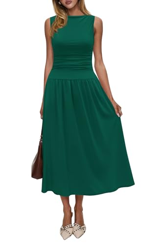 Image of Womens Summer Casual Midi Maxi Dress 2026 Sleeveless Ruched A Line Flowy Cocktail Wedding Guest Beach Long Sundress