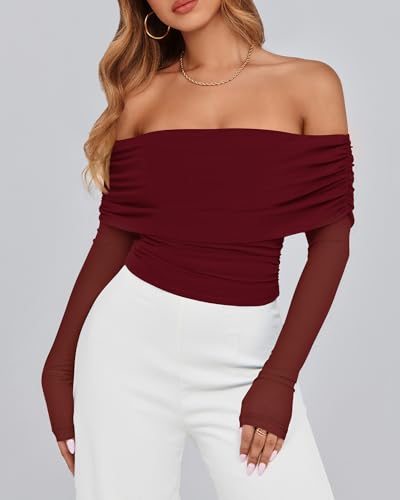 BTFBM Women's Long Sleeve Shirts 2025 Fall Crop Going Out Tops Mesh Ruched Casual Off Shoulder Blouses Y2K Clothes2