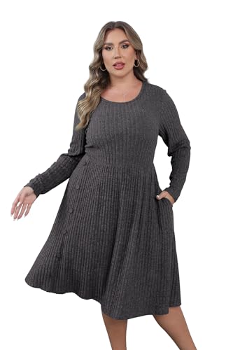 Image of Women's Plus Size Casual Sweater Dress Square Neck Long Lantern Sleeve Tie Waist Loose Pullover Sweater Dresses