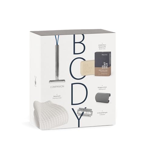 MÜHLE Set de regalo BODY: Companion - Juego de afeitado unisex de seguridad, incluye barra de jabón corporal, protector de cuchilla, paquete de 10 hojas de afeitar y toalla de afeitado de algodón