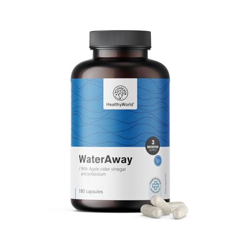 HealthyWorld WaterAway – Cápsulas para eliminar retención de agua - 180 Cápsulas vegetales - Suministro para 2 Meses - 7 Extractos de plantas - Regulación de líquidos, hormonas y digestión