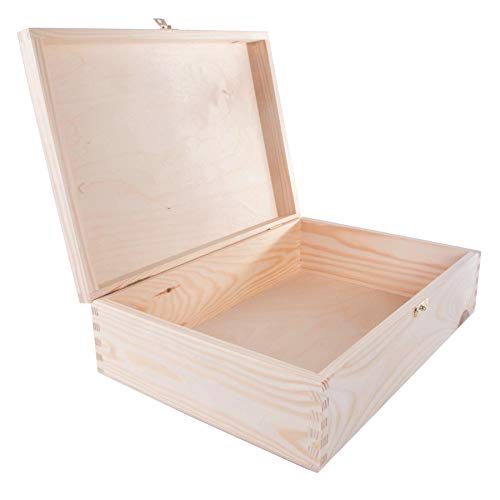 Caja de madera con tapa y cierre de metal, 35 x 25 x 10 cm, almacenamiento de documentos A4, madera de pino decorativa sin pintar y sin tratar para manualidades Cover