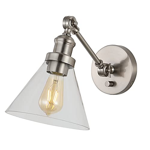 Image of JONATHAN Y 8 inch Nickel Adjustable LED Wall Sconce, Plug-in Wall Lamp with Dimmer Switch, Clear Glass Shade for Bedroom Living Room Kitchen, LED Bulb Included (JYL7575B)