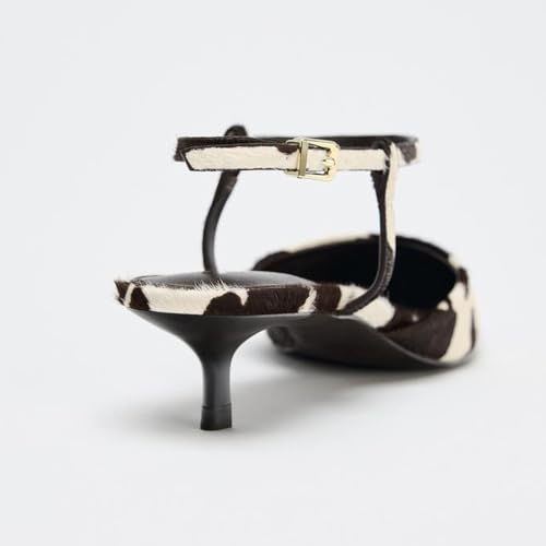 YIYA Women's Brown Cow Print Slingback Kitten Heels Closed Pointed Toe with Buckle Ankle Strap Low Heels Party Dress Fall Pumps Shoes4