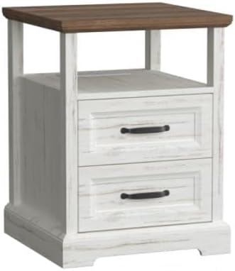 HOMMPA Farmhouse Nightstand with Charging Station, Bedside Tables with Drawer, Sofa Side Table with Open Shelf, 2 Drawers End Table Dresser for Bedroom, Rustic White Wooden Nightstand Honey Brown Top