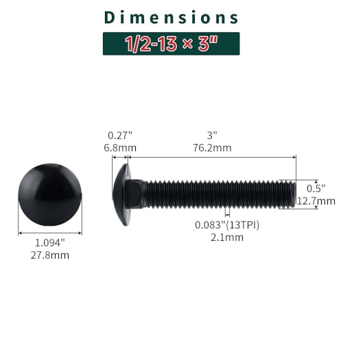 Image of 1 /2-13 x 3 Black Carriage Bolts with Nuts and Washers Kits (8 Sets), 304 Stainless Steel 18 /8, Black Finish, Round Head, Square Neck, Heavy Duty Bolts, Indoor Outdoor Fastening Bolts, Fayeploo