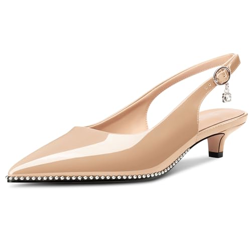 Image of TNYNFBEB Womens Low Kitten Heel Close Pointed Toe Pumps Slingback Silver Beaded Buckle Prom Party Dress Patent Leather 1.4 Inches Heels
