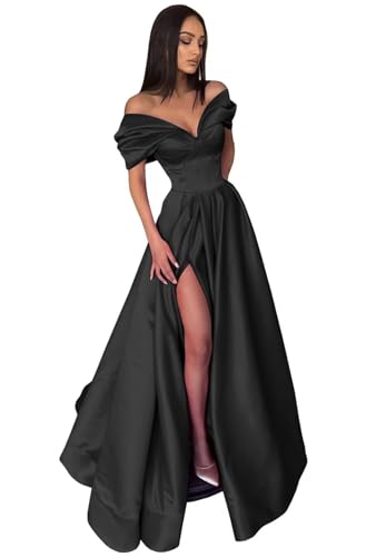 Image of Pleated Off The Shoulder Satin Prom Dresses for Women, Formal Evening Gowns Cocktail Party Dresses with Slit&Pockets