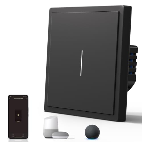 BSEED Smart Light Switch,WiFi Mate Wall Switch with Led Indicator,Remote Control,Voice Control,Timer Function,1 Gang 1 Way,Black 86mm
