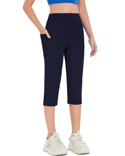 Hvididan Girls Capri Pants Athletic Leggings High Waist Workout Yoga Pants with Pockets Crop Straight Trainning Pants, Navy Blue, 7-8 Years