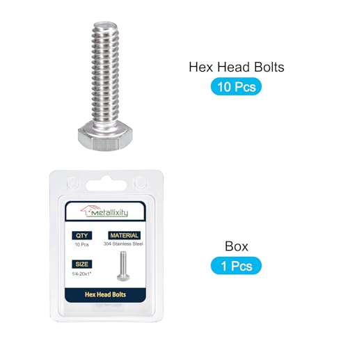 Image of METALLIXITY Hex Head Bolts (1 /4-20 x 1) 10Pcs, 304 Stainless Steel 18-8, Fully Threaded, External Hex Drive, Plain Finish, Hex Head Screw Bolt, Silver