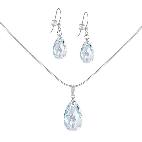 Faint Light Pale Blue Aurora Borealis Crystal Teardrop Sterling Silver Necklace and Earring Set 18 Inch Chain
