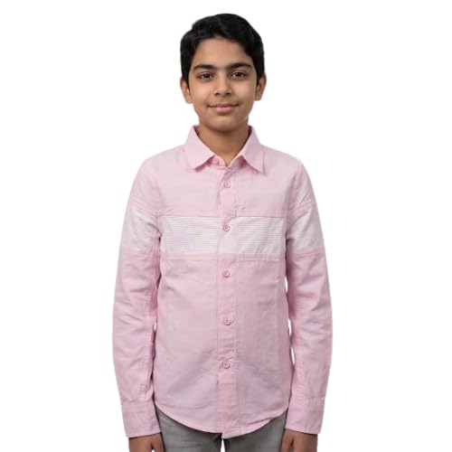 under fourteen only Boys Casual Long Sleeve Button Down Shirt - Pink Striped Chest Panel Cotton Blend Dress Shirt-picture-15