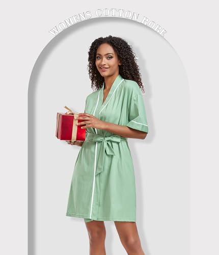 Image of ANLIQI Womens 100% Cotton Robes Lightweight Summer Short Sleeve Lady Bathrobe Knee Length Kimono Robe Sleepwear with Pockets