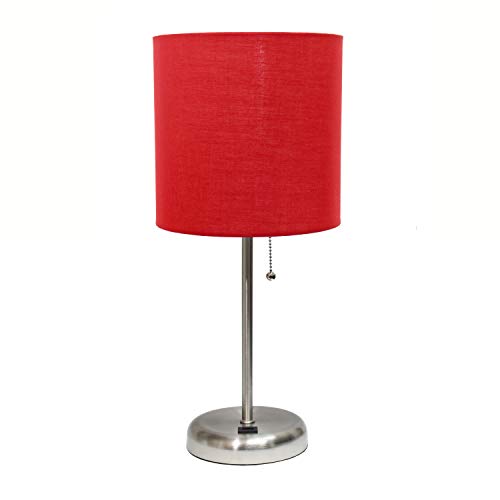 Limelights LT2044-RED Stick USB Charging Port and Fabric Shade Table Lamp, Brused Steel/Red